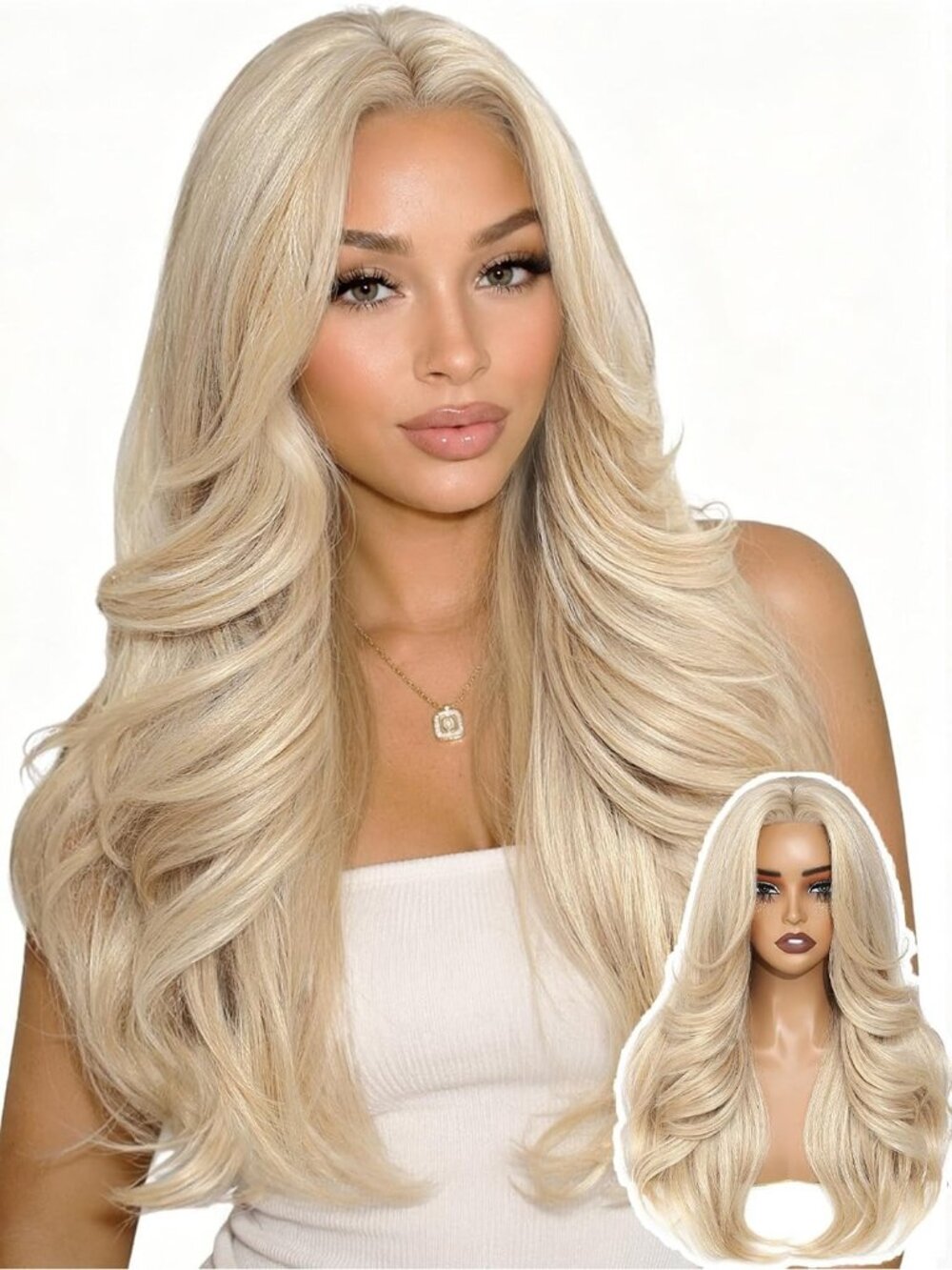 Women's Mixed Blonde Pre Cut Layered Synthetic Wavy Wig with Curtain Bangs